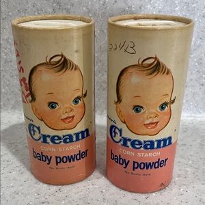 2 Vtg Staley’s Cream Corn Starch Baby Powder Containers Decatur,IL Empty *READ*